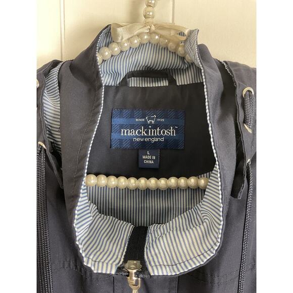 Mackintosh New England Navy Womens Rain Jacket Pin Striped Detachable Hood SZ L - Picture 4 of 8